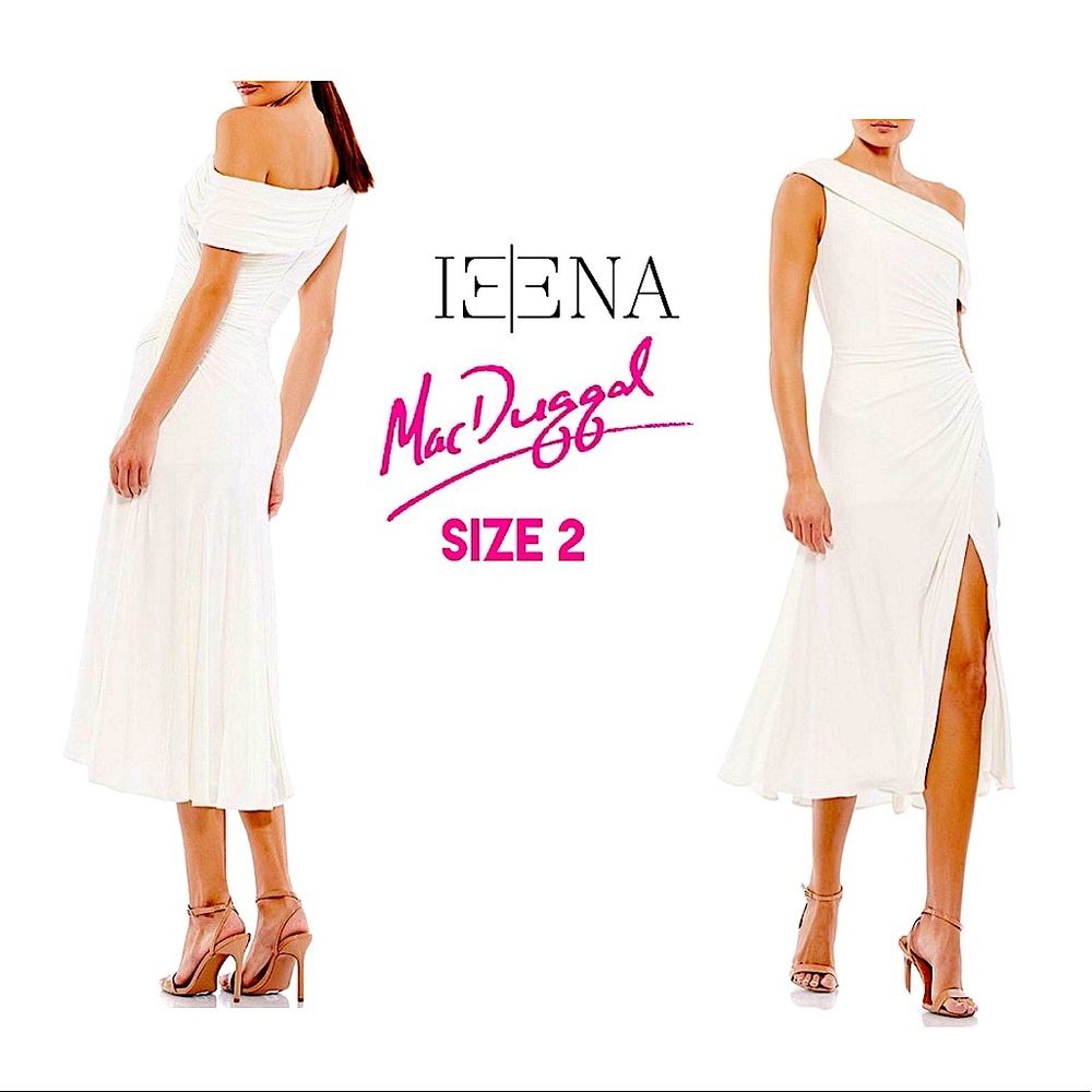 Ieena for Mac Duggal Asymmetric One Shoulder Thigh High Slit Midi Dress Ivory